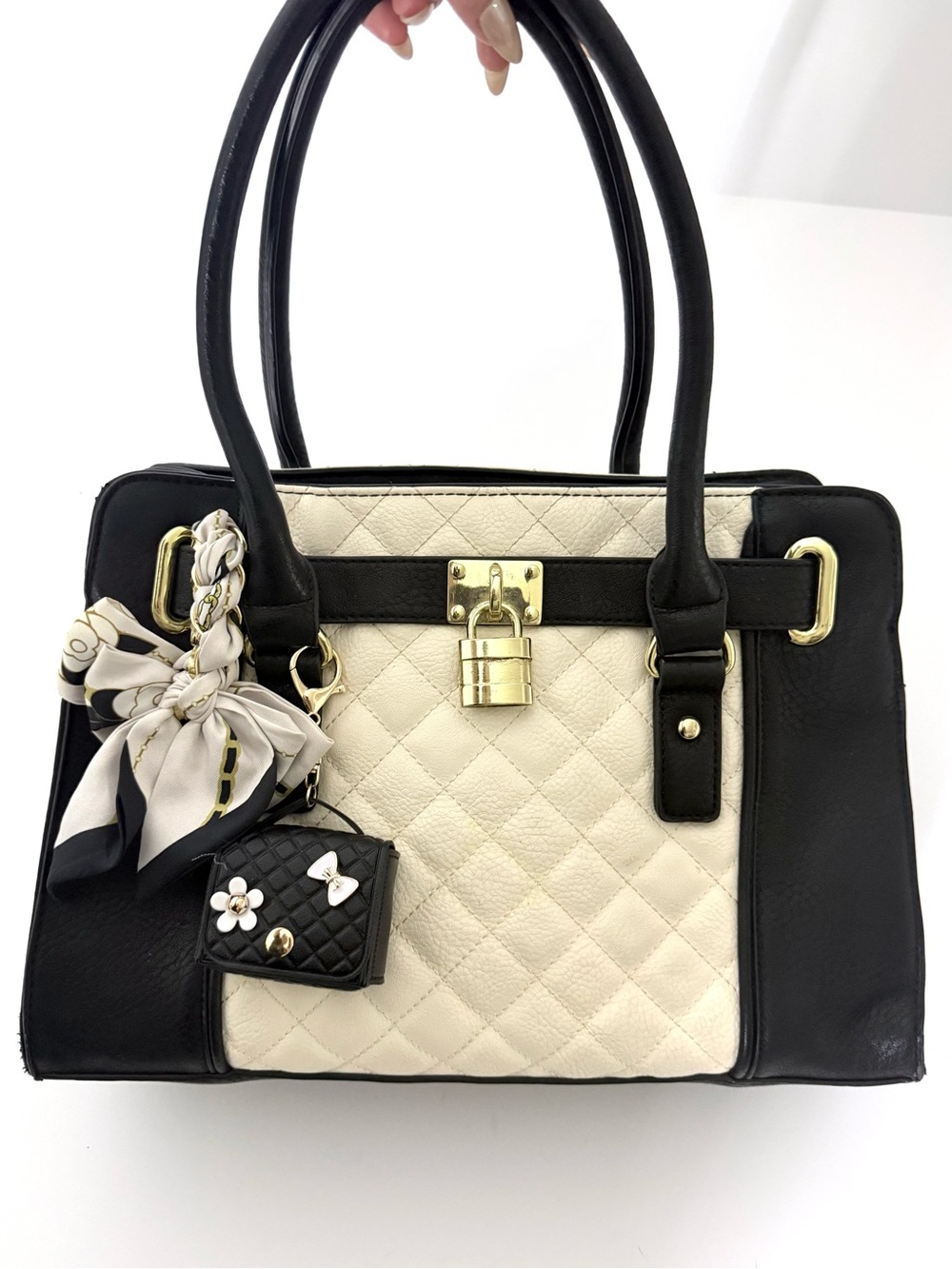 CHARMING CHARLIE Black Cream Quilted Satchel Handbag Gold Hardware Charms